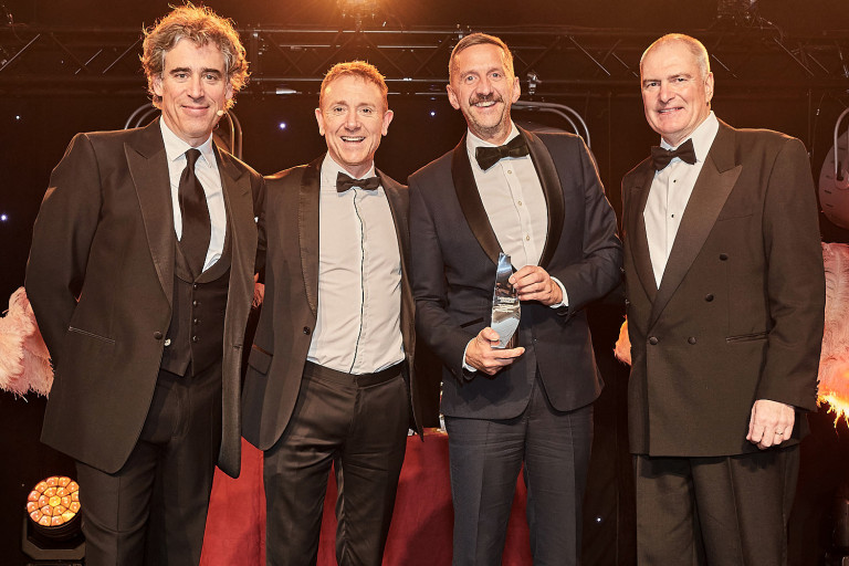 The Property Centre Company Partners Steve Jones and Simon Trippett (centre) with actor and comedian Stephen Mangan (left) and Grant Leonard, Publishing Director at The Negotiator